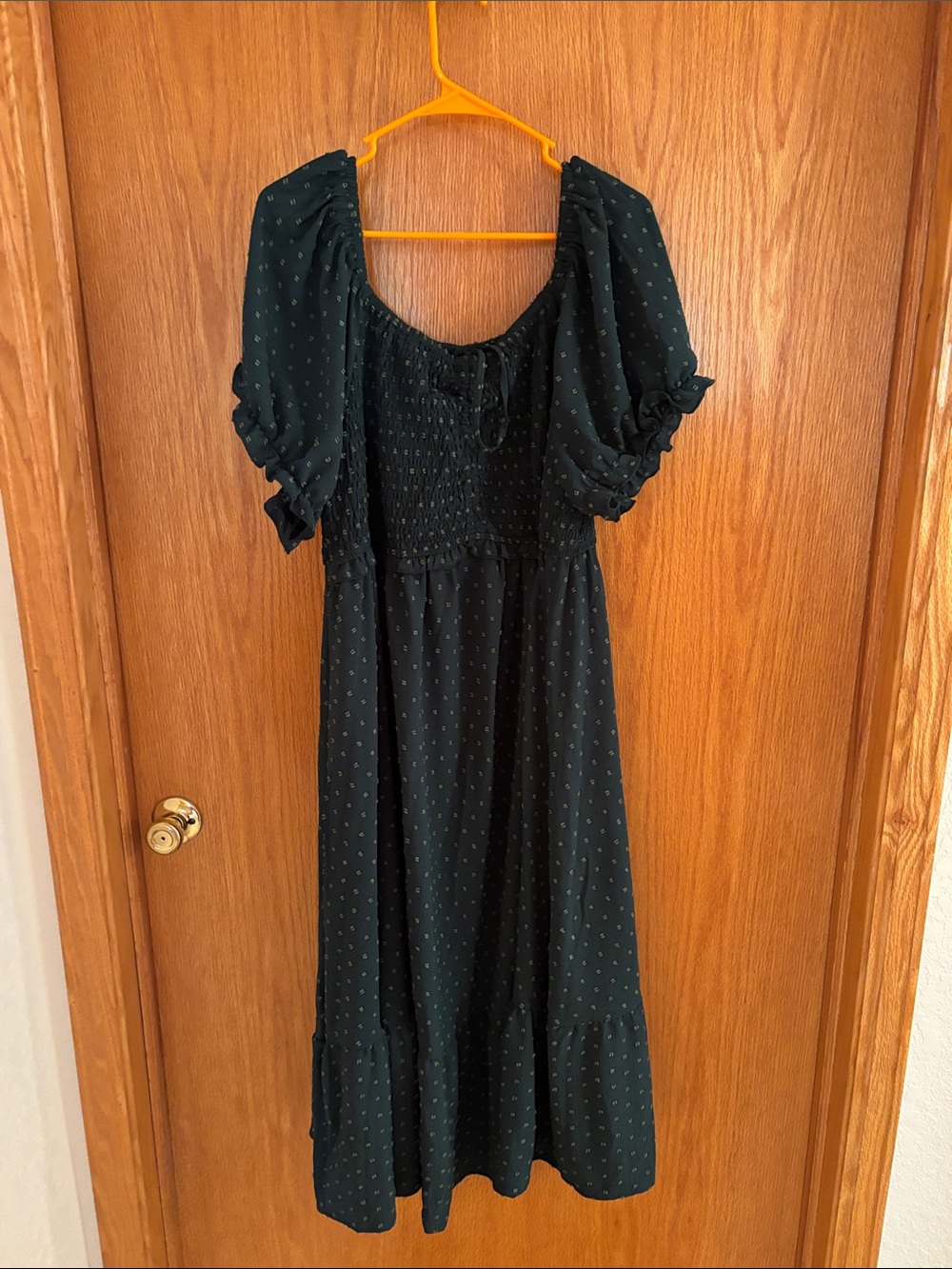 Smocked Puff Sleeve Midi Dress in Dark Green